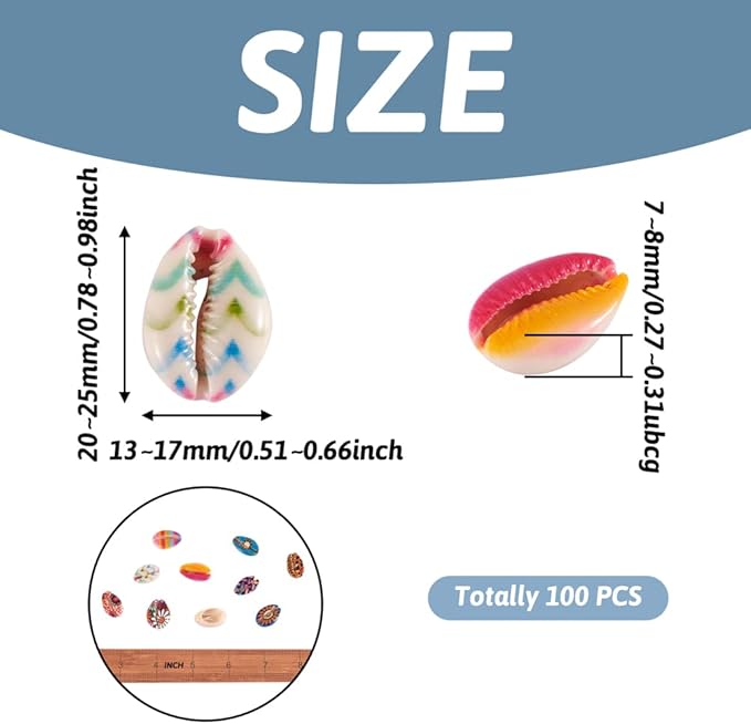 Cheriswelry 100pcs Cowrie Shell Beads Colorful Printed Sea Shell Beach Spacer Beads No Hole Ocean Summer Bracelet Necklace Beads Charms Fish Tanks Decoration 20~25mm for DIY Craft Jewelry Making