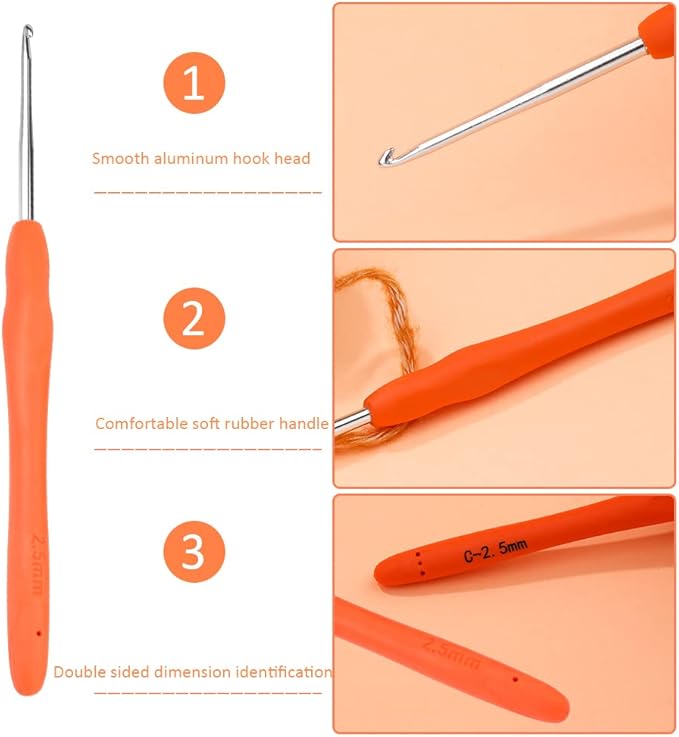 Crochet Hook, 2.5 mm Ergonomic Crochet Hook, Crochet Needles for Arthritic Hands, Knitting Needles with Soft Handle Beginners and Experienced Hobbyists (2.5 mm)