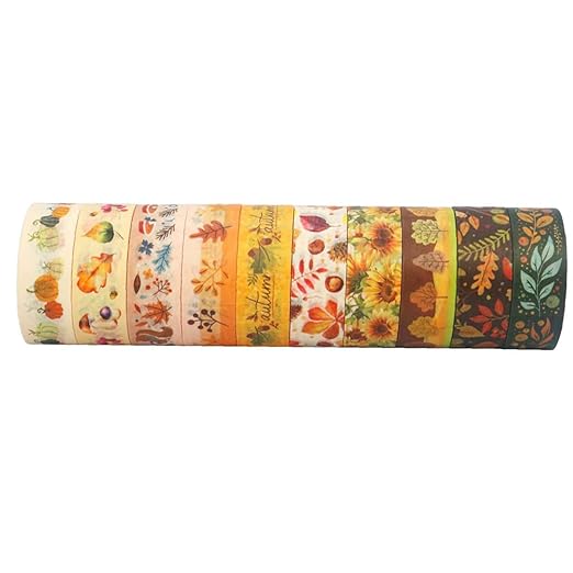 Autumn Washi Tape Set 10 Rolls - Autumn Leaves Pumpkin Sunflower Fall Decorative Tape for Bullet Journal, Planner, DIY Arts Crafts, Scrapbooking