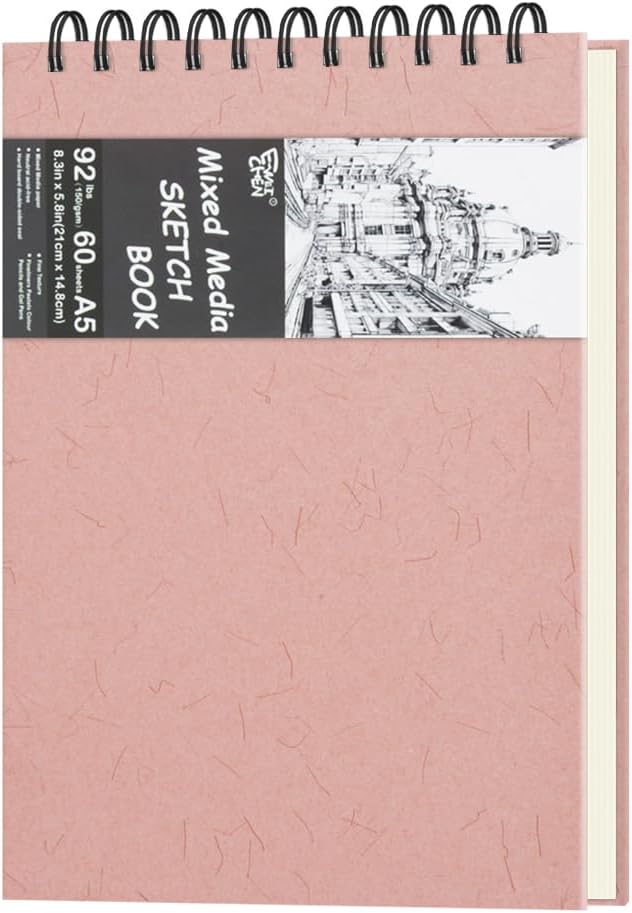 8.3" x 5.8" Hardcover Sketchbook, Top Spiral Bound Art Journal Sketchbook, 60 Sheets 92LB/150 GSM Acid-Free Drawing Neutral White Mixed Media Paper for Adults Beginners Artists.Pink