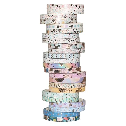 YUBBAEX 24 Rolls Skinny Washi Tape Set Gold Foil Print Decorative Tapes for Arts, DIY Crafts, Bullet Journals, Planners, Scrapbooking, Wrapping (Basic 5mm)