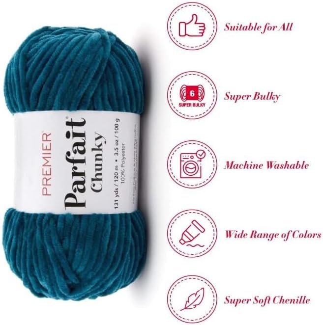 Premier Yarns Parfait Chunky Chenille Yarn 3.5 Oz 6 Super Bulky Weight 3 Pack Bundle with Bella's Stitch Place Holders (Peacock)