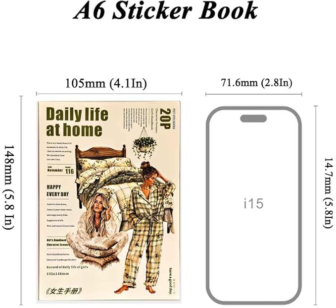 20 Sheets Daily Life Sticker Book for Journaling Supplies, Aesthetic Home Girl Sticker for Scrapboook Junk Journal, Die-Cut PET Stickers for Pre-Cut Ephemera, Bujo Planner Arts Craft