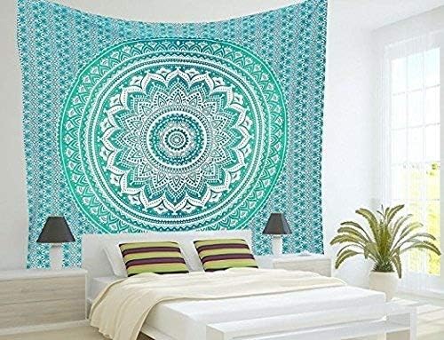 popular handicrafts tapestry wall hanging hippie ombre mandala wall art bohemian hippy intricate indian tapestry 84x90 inches (215cm x 230cm) green