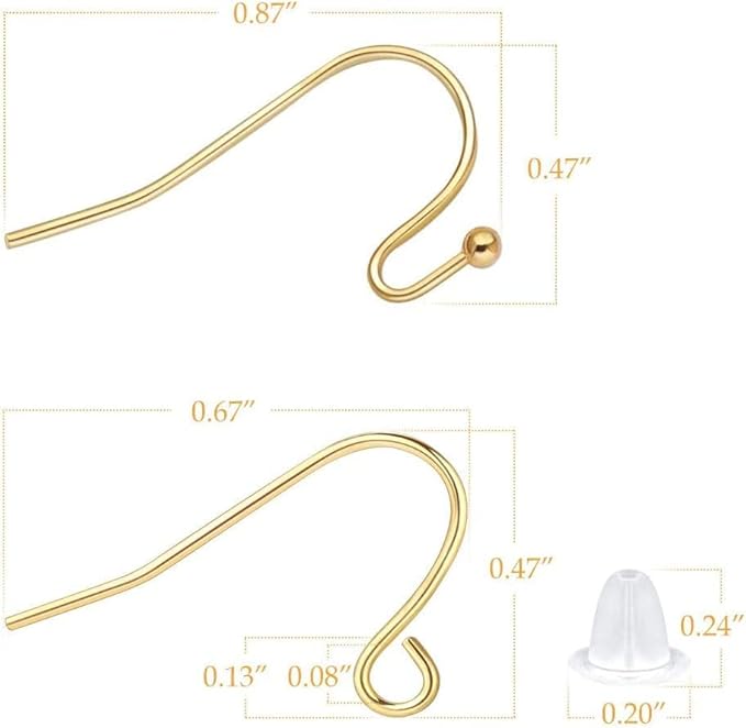 14k gold earring hooks real hypoallergenic 100pcs ball dot ear wires + fish hooks jewelry making supplies findings with 100pcs clear rubber earring backs for diy jewely