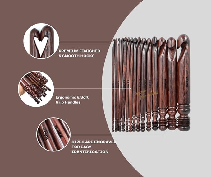 Wooden Crochet Hooks Set of 15-3.5mm to 25mm - Rosewood Crochet Hooks for Arthritic Hands - Ergonomic Soft Grip Handle - for Crocheting & Knitting - Christmas Gifts for Her(Hooks + Bowl)