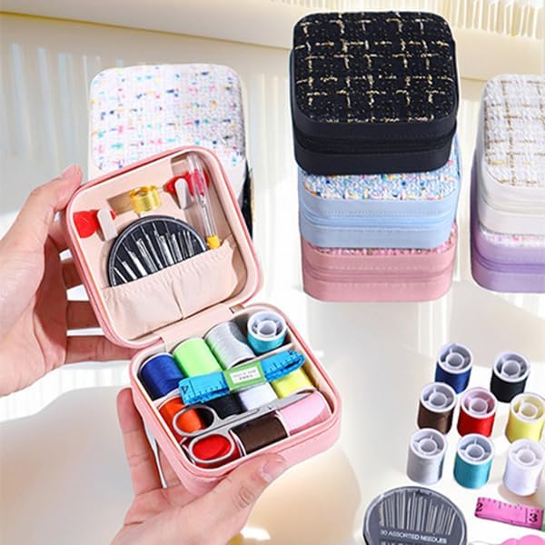 Mini Sewing Kit in Stylish Leather Case – Complete Set with Scissors, Needles, Thread, Needle Threader, Thimble & More – Perfect for Beginners & Travel (Pink)