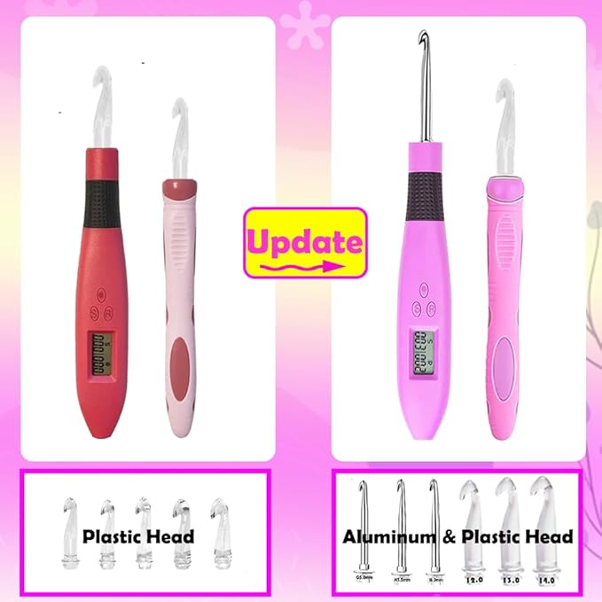 lewhoo 18 size counting light up crochet hook,digital crochet hooks with stitch counter,lighted metal crochet needle with case