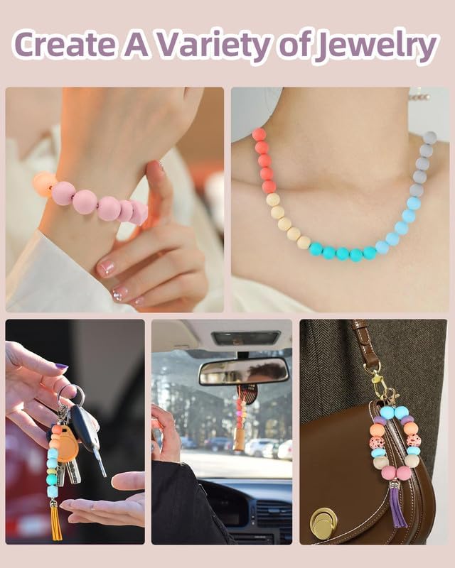 Skalamio 248Pcs Silicone Beads for Keychain Making Kit, 15mm Silicone Beads Bulk, Multiple Styles & Colorful Rubber Beads for Keychains Making DIY Necklace Bracelet Jewelry Crafts