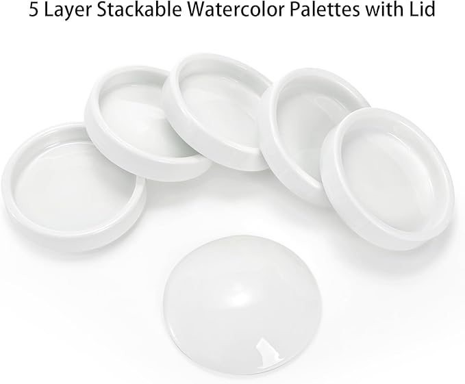 Jucoan 2 Pack Ceramic Watercolor Palette, 5 Layers Stackable Watercolor Mixing Trays Set, Round Porcelain Artist Paint Palette Bowl Dish with Lid for Gouache Pigment Chinese Ink Mixing
