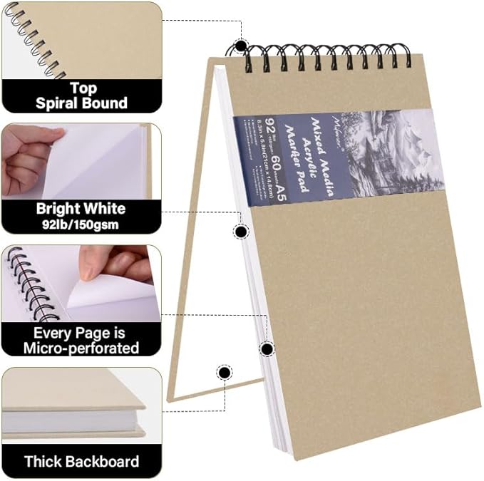 5.8" x 8.3" Mixed Media Sketch Book,Spiral Bound Hardcover Sketchbook,60 Sheets 92lb/150gsm Neutral White Acid Free Paper,Art Journal Sketchbook for Drawing Writing Sketching Illustration,Beige