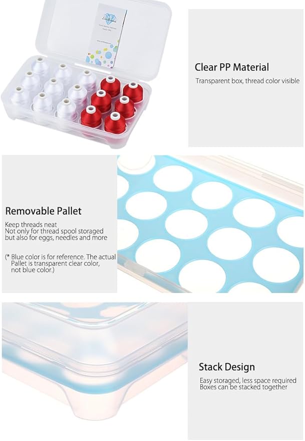 Simthread Machine Embroidery Thread 1000M White 001 + Red 800, with Storage Box Polyester 15 Spools Set for Embroidery Quilting Machine