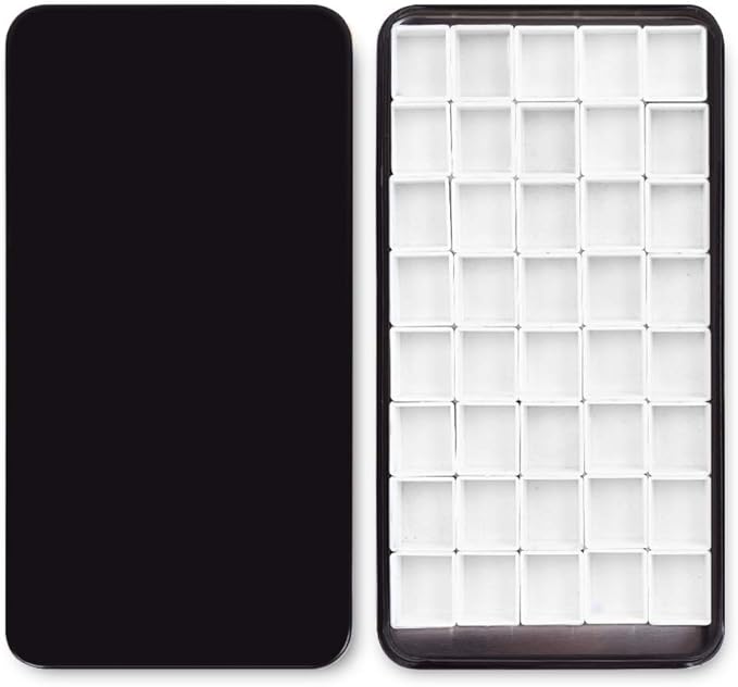 Watercolor Tin Palette Paint Case with 40Pcs White Plastic Empty Half Pans Carrying Magnetic Stripe, Artist Paints Pan Kits for DIY Watercolor Oils or Acrylics Painting Black