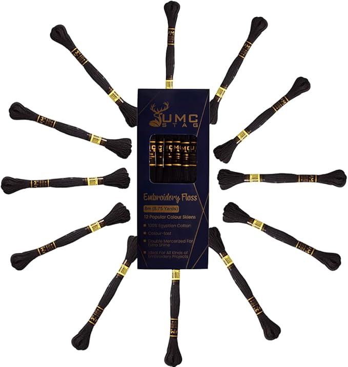 12 Pieces Black Colour Premium Embroidery Thread | 100% Egyptian Cotton Premium Skeins | Cross Stitch Embroidery Floss | Oeko TEX Certified Stranded Cotton (Black)