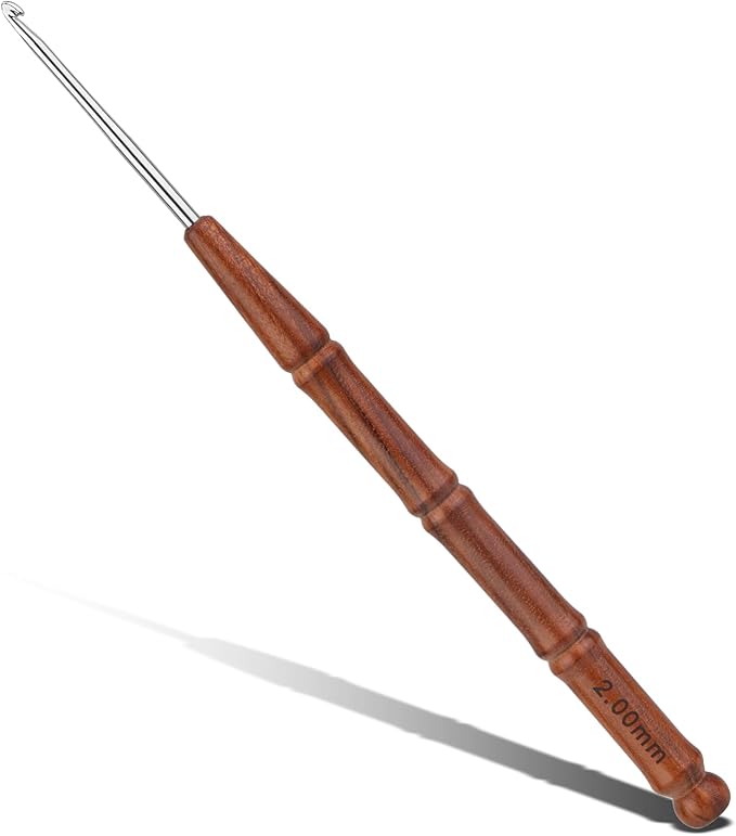 Wuadua 2mm Crochet Hook, Ergonomic Crochet Hook with Wooden Handle, Crochet Needle for Arthritic and Beginner, Ideal for Lace Thread, Perfect for Small Crocheting Coasters, Tablecloths, Placemats