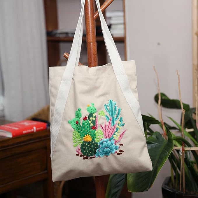 CREAWONDER Canvas Tote Bag Embroidery Kit with Pattern for Beginners, Arts and DIY Embroidery Crafts Kits for Adults, Include Instructions, Thimble, Embroidery Hoops, Color Threads and Tool
