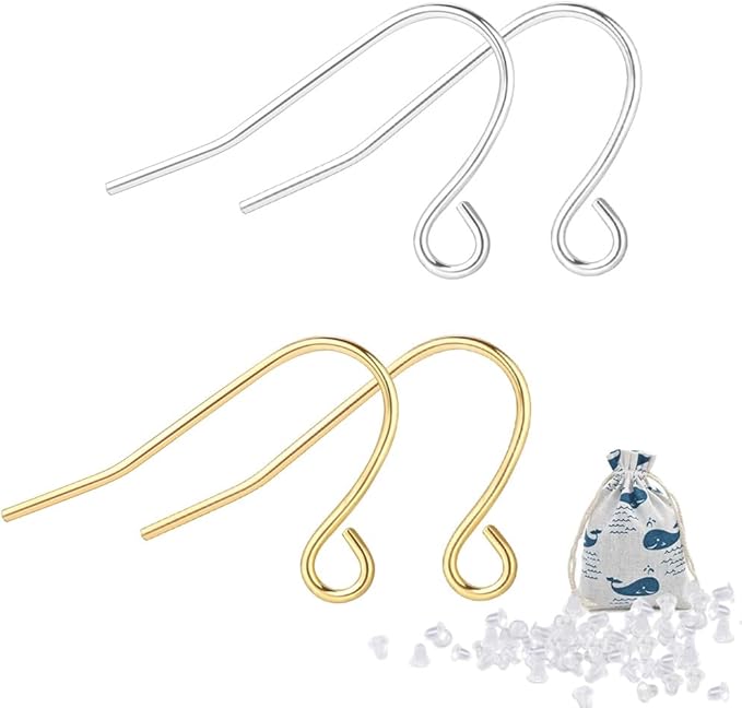 925 sterling earring hooks 200pcs silver+14k gold jewelry making supplies hypoallergenic ear wires fish hook earring findings with 200pcs clear rubber earrings backs for diy jewelry making bulk