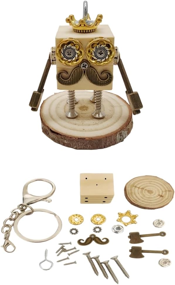 DEUXPER Robot Charm Ornament Craft Kit, DIY Keychain Decor by Metal Jewelry and Wood Parts, Cute Personality Handmade Pendants Gift for Birthday (Berserker)