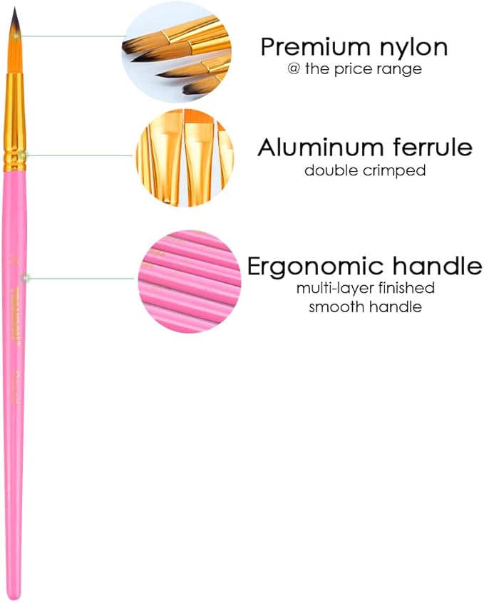 Transon Artist Paint Brush Set of 12 for Acrylic Watercolor Gouache Oil Craft Painting Pink