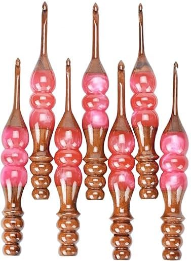 Wooden Crochet Hooks Set for Arthritic Hands | Ergonomic Soft Grip - Resin Mix Indian Rosewood Crochet Hook Set for Crocheting & Knitting (Pink, Set of 13)