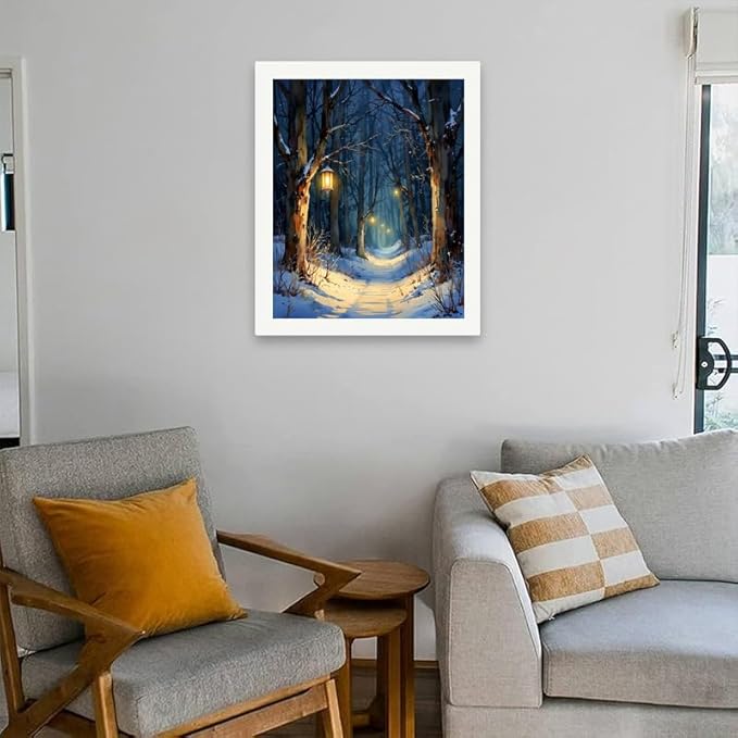 Snowy Lantern Walk Paint by Numbers Kit for Adults - DIY Winter Night Forest Painting on Rolled Canvas 16x20 Inches, Acrylic Paint Set, Suitable for Beginners, Art for Home Decoration or Gifts