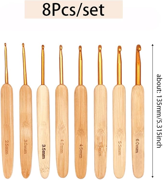 8PCS 2.5 to 6MM Navajo White Bamboo Handle Crochet Hook Set Wooden Handle Knitting Hooks with Gold Head Aluminum Braiding Knitting Needles Sets for Making Sewing Blankets Yarn Crafts
