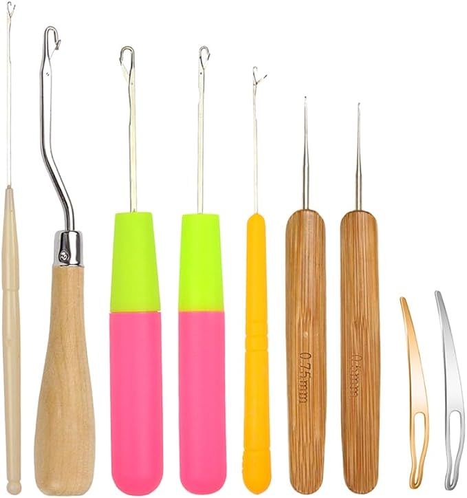 9 Pcs Dreadlocks Tool Set Latch Hook Different Sizes Small Crochet Hooks Needle Interlocking Tool for Locs Hair Braiding, Rug Making and Art Crafts