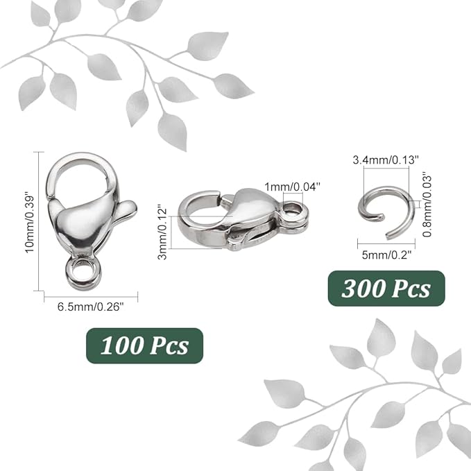 PandaHall 300 pcs 5mm 20 Gauge 304 Stainless Steel Jump Rings with 100pcs Lobster Claw Clasps for Earring Bracelet Necklace Pendants Jewelry DIY Craft Making, Stainless Steel Color