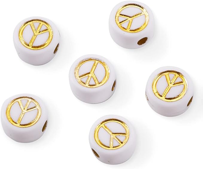 200Pcs Peace Sign Acrylic Beads Opaque Flat Round Beads Golden Symbol Acrylic Spacer Beads for DIY Necklace Bracelet Earring Jewelry Crafts Making Hole 1.6mm