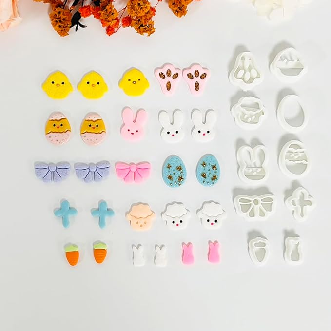 Xaekicr Easter Polymer Clay Cutters Set – 10pcs Clay Earring Cutters for Easter Eggs, Bunny, Chick, Bow and More – DIY Clay Tools & Polymer Clay Molds for Jewelry Making