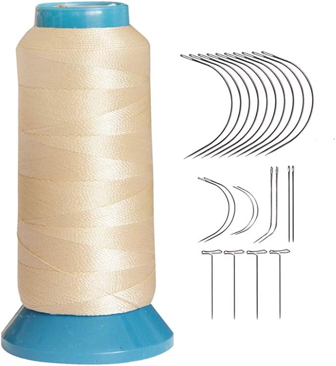 YANTAISIYU Beige Polyester Thread, 1500 Yards, Sewing Thread for Wigs, Hair Extensions, DIY Sewing, Includes 12pcs C Type Needles