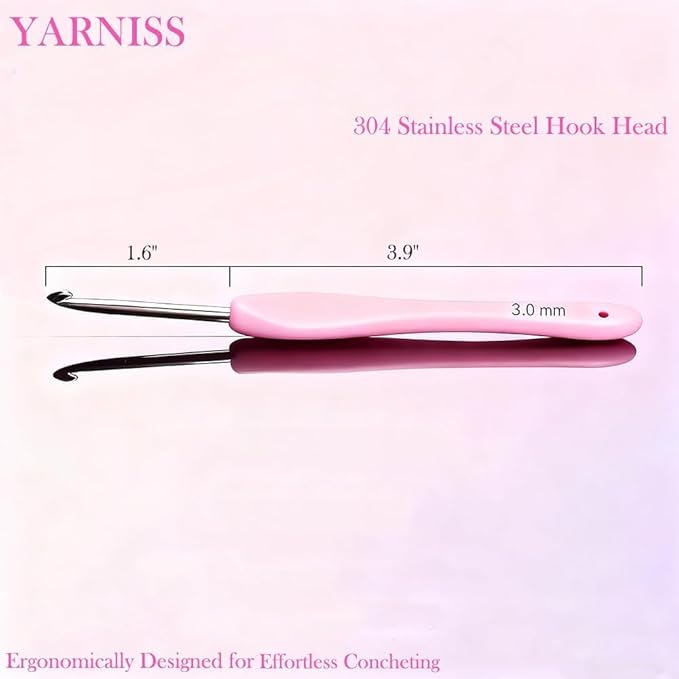 Yarniss 3.0mm Stainless Steel Crochet Hook with Soft Grip, Ergonomic Crochet Needle with Hand Crafted Crochet Head