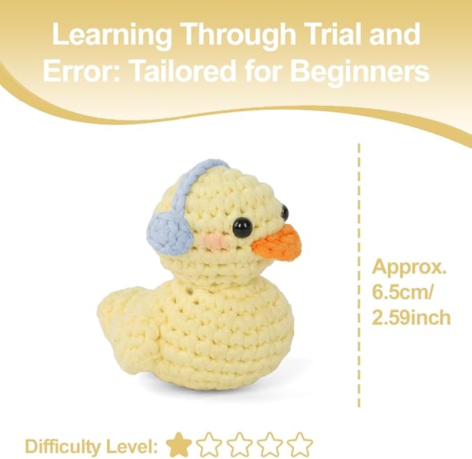 Duck Crochet Kit for Beginners Adults & Kids, Amigurumi Learn to Crochet Starter Kit with 4K Step-by-Step Video Tutorials, Includes Pre-Started Yarn, Crochet Hooks & Accessories - Yellow Duck