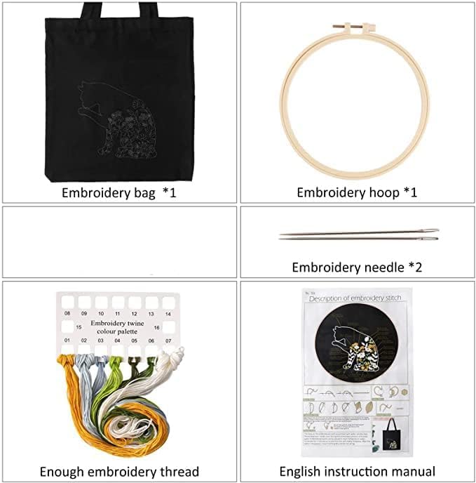 Smart-Feather Cat Embroidery Kit for Beginners Adults, Hand Embroidery Tote Bag Kit with Hoop and Patterns