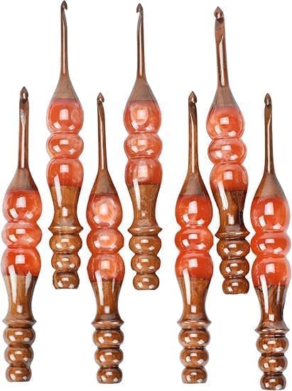 Wooden Crochet Hooks Set for Arthritic Hands | Ergonomic Soft Grip - Resin Mix Indian Rosewood Crochet Hook Set for Crocheting & Knitting (Orange, Set of 7)
