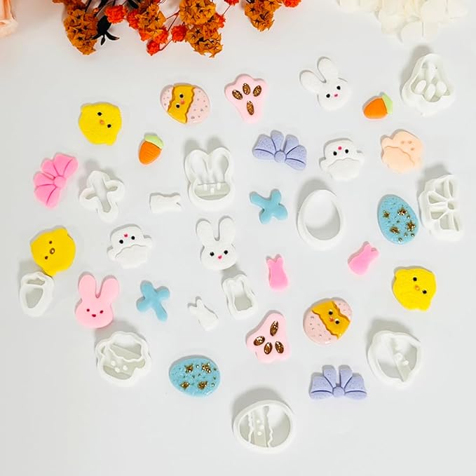 Xaekicr Easter Polymer Clay Cutters Set – 10pcs Clay Earring Cutters for Easter Eggs, Bunny, Chick, Bow and More – DIY Clay Tools & Polymer Clay Molds for Jewelry Making