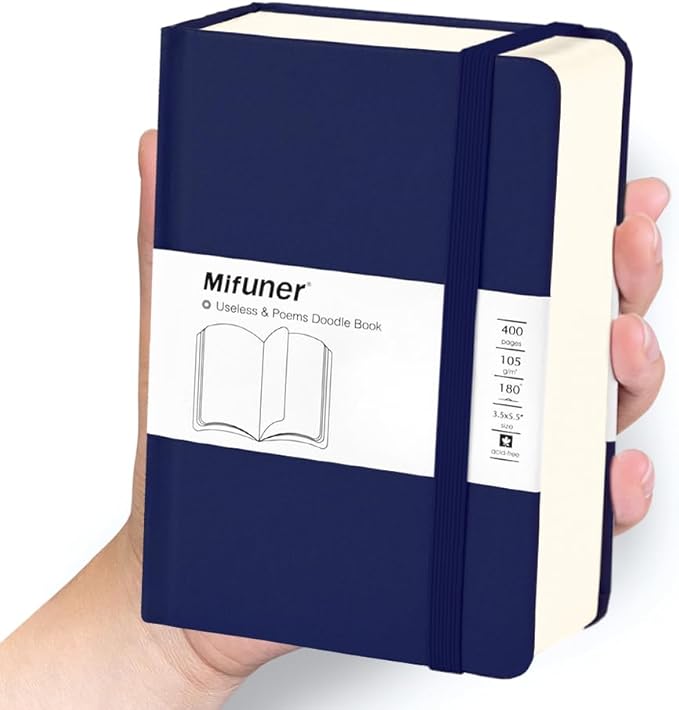 Mix Media Pad,3.5"x5.5" Small Hardcover Leather Art Sketchbook,105 GSM 200 Sheets/400 Pages Acid Free Artistic Painting Drawing Sketching Writing Paper, Handy Pocket Journal Notebook. Dark Blue