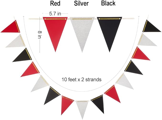 MOWO Silver Black and Red Pennant Banner Paper Bunting Hanging Decoration for Graduation Birthday Retirement Halloween Party, Pack of 30 Counts Pennant, 20 feet