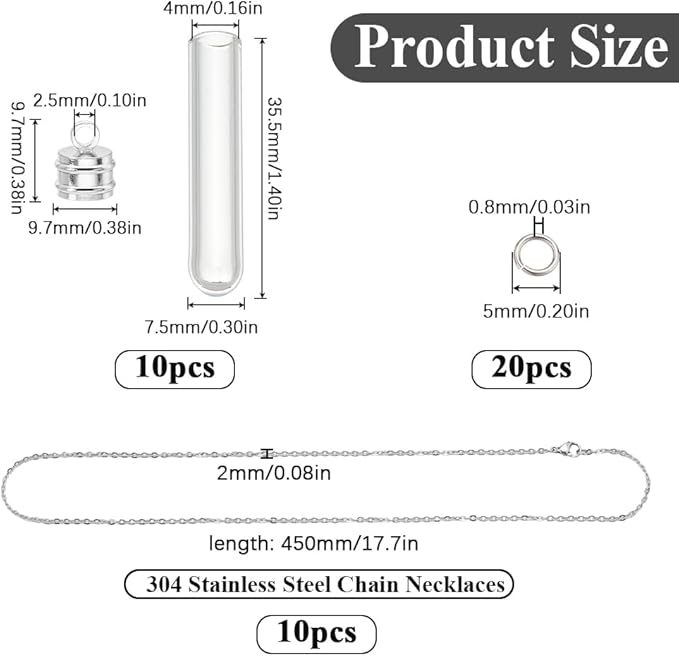 SUNNYCLUE 1 Box DIY 10 Sets Glass Vial Necklaces Bulk Wish Bottle Necklace Lucky Silver Transparent with Stainless Steel Chain Hanging Tube Empty Charm for Jewelry Making Handmade Crafts Christmas