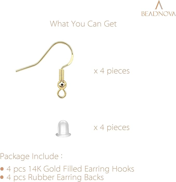 beadnova fish hook earring hooks 4pcs 14k gold filled earring findings with backs for ear wire supplies ear posts making diy (4pcs earwires and 4 pcs backs)