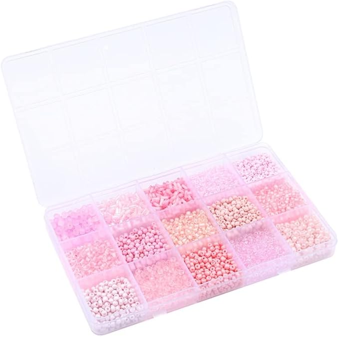 Mix 15 Color Glass Seed Tube Beads Glass Bugle Beads Loose Kit for Jewelry Making DIY Craft Beading (Mix 15 Color, Pink)