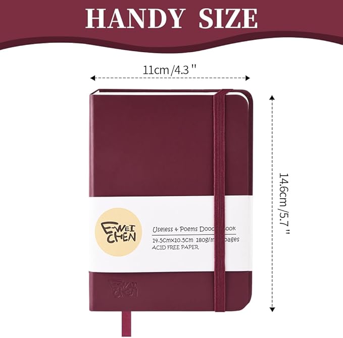 Hardcover 96Pages Blank Sketch Book for Drawing, Small 5.7x4.1 Pocket Journal Notebook for Travel, 180gsm Thick Paper Diary Notebooks for Work, PU Cover Memo for Writing. Wine Red