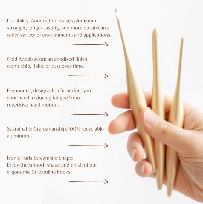 Furls Crochet Hook, Gold Streamline Metal Matte Finish & Polished, Ergonomic Handle Crochet Hooks 7" (Matte, I - 5.50MM)