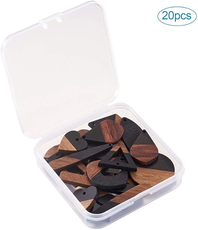 Beadthoven 20pcs/10 Pairs Black Natural Wood Resin Charms DIY Earrings Pendants Mixed Shapes Wooden Pieces Pendants for Statement Jewelry Making Findings