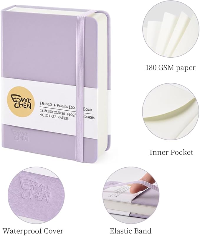 Hardcover 96Pages Blank Sketch Book for Drawing, Small 5.7x4.1 Pocket Journal Notebook for Travel, 180gsm Thick Paper Diary Notebooks for Work, PU Cover Memo for Writing. Purple