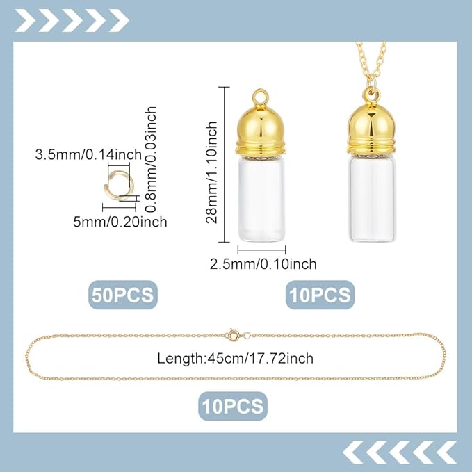 UNICRAFTALE 10 Sets 18K Gold Plated Glass Vial Necklace Making Kit 18 Inch Glass Vial Pendant Necklace Wish Bottles Hourglass Memorial Keepsake Cremation Ashes Holder Memory Container for DIY