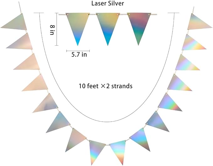 MOWO Laser Silver Pennant Banner Holographic Paper Bunting Hanging Decoration for Birthday Graduation Retirement New Year's Valentine's Day Party, Pack of 30 Counts Pennant, 20 feet