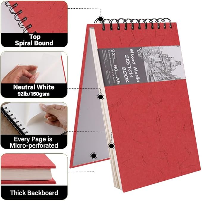 5.8" x 8.3" Mixed Media Sketch Book,Spiral Bound Hardcover Sketchbook,60 Sheets 92lb/150gsm Neutral White Acid Free Paper,Art Journal Sketchbook for Drawing Writing Sketching Illustration,Red