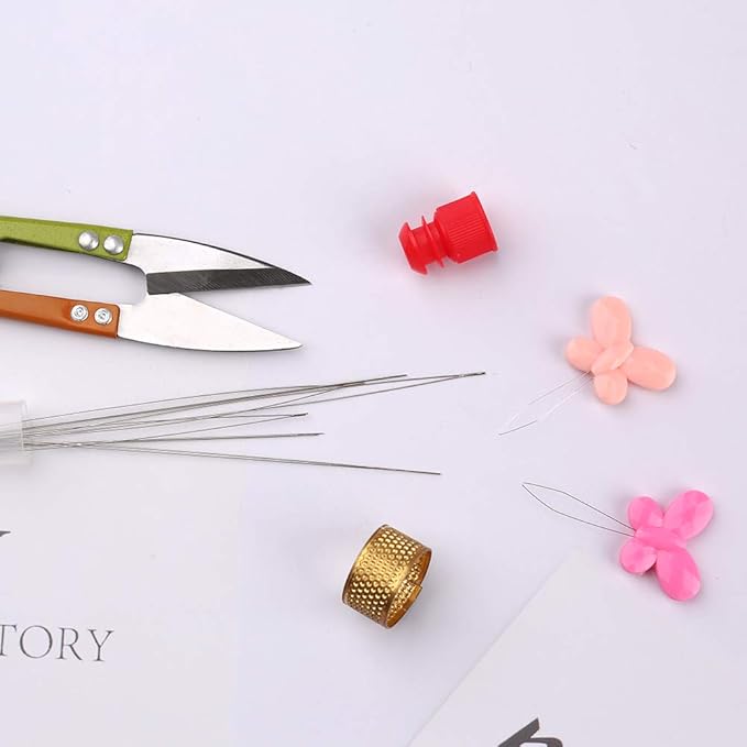 12 Pieces Beading Needles, 6 Size Collapsible Eye Needles for Beading with Needle Bottle, 5 Pcs Bead Needle Threader, Scissors and Thimble for Jewelry Making