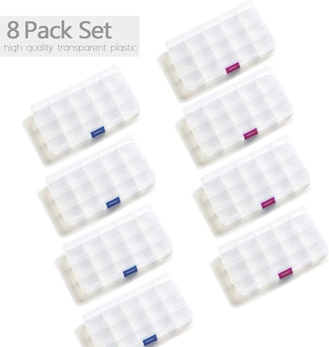 Opret 15 Girds Bead Organizer(8 Pack), Earring Organizer Box, SMALL Plastic Clear Organizing Containers with Adjustable Dividers for Crafts Jewelry Screws Small Items, Size 6.9×3.9×0.9in